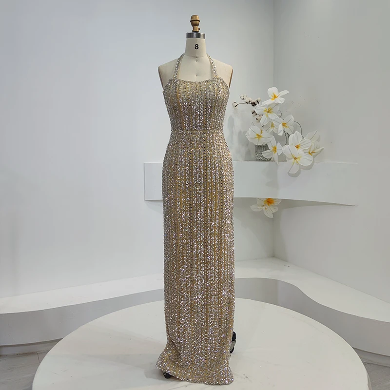 

Luxury Halter Neck Evening Dress for Women Heavy Beading Split Gown for Prom Party VC3