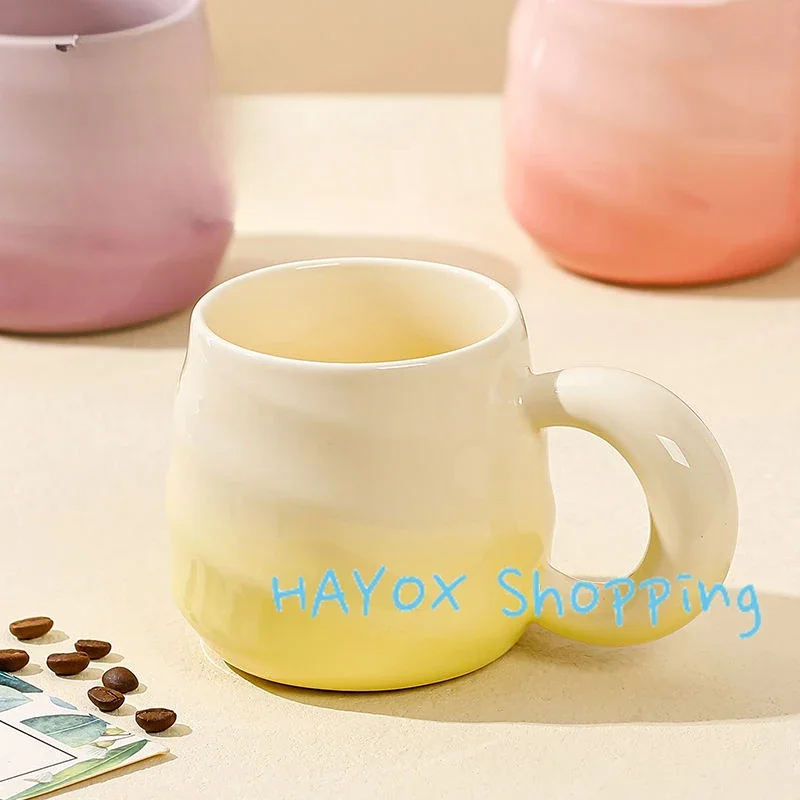 Creative Gradient Color Mug，Screw Thread Ceramic Handle Cup ，Office Ceramic Coffee Milk Drinking Oats Cup Water Teacup