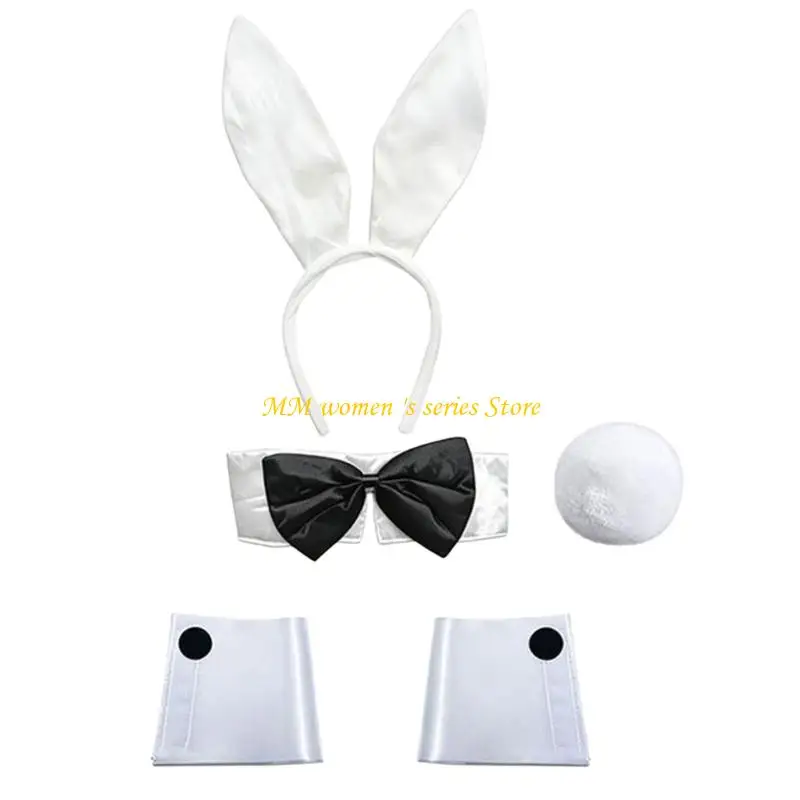 Q39C Soft Rabbit Costume Set with Headbands, White Cuffs, Neck Tie and Pom Tail for Holiday Party Roleplay Today Fun
