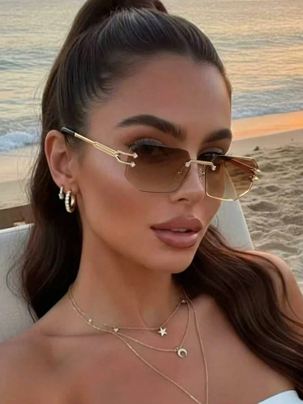 1 Pair of Women's Rimless Rectangular Retro Bohemian Metal Leg Gradient Color Y2K Street Fashion Glasses