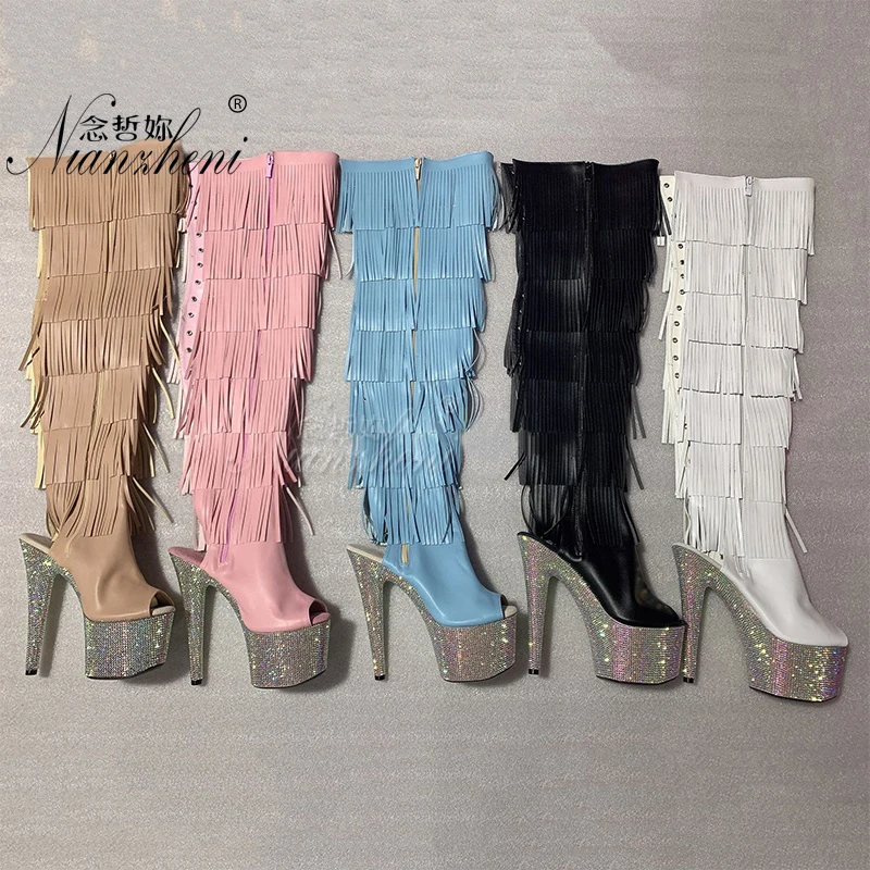Gold Gothic Stripper Heels Over The Knee Boots 7Inch Fringe Rhinestone High Heels Exotic Dancer 17cm Over The Knee Boots Catwalk