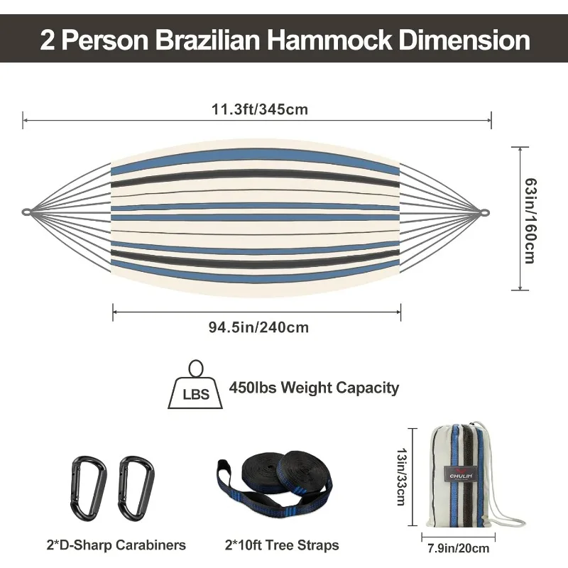 Brasilianische Doppel-Hängematte mit Baumgurten, extra große 94 x 63 Zoll, 2 Personen Hängematte für Hinterhof, Terrasse, draußen und drinnen