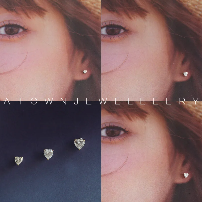 

Real 925 Sterling Silver 14k Gold Original Heart Zircon Small Stud Earrings For Women Wedding Jewelry Accessories Argent 925