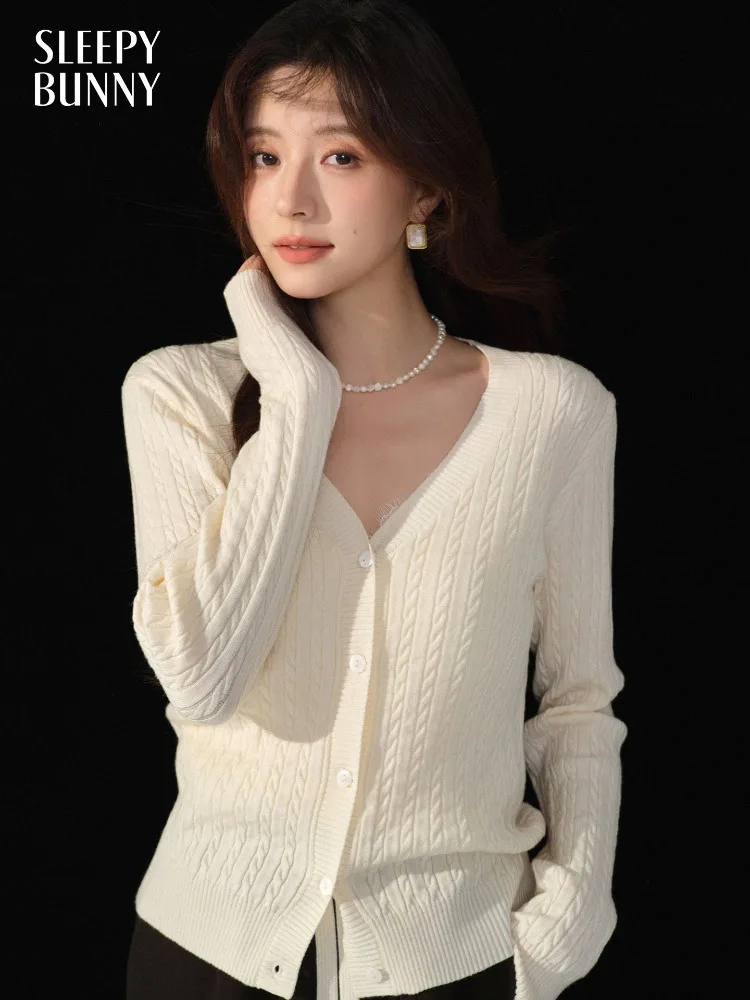 

Elegant Cable Knit Cardigan for Women Slim Fit V Neck Sweater Top Soft Stretchy Knitwear for Winter Layering Daily Casual Office