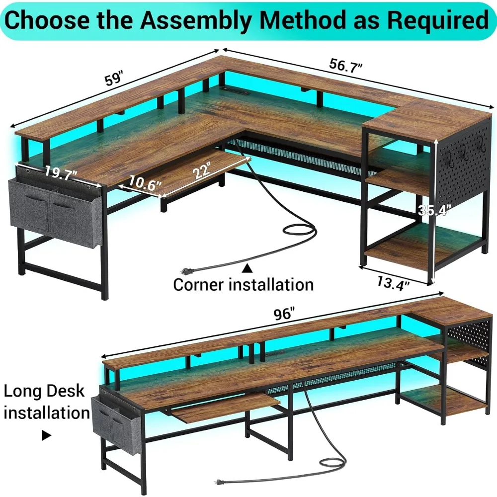 L Shaped Computer Desk, Reversible Computer Desks, L Shaped Desk with Power Outlets & LED Strip, Monitor Shelf, Keyboard