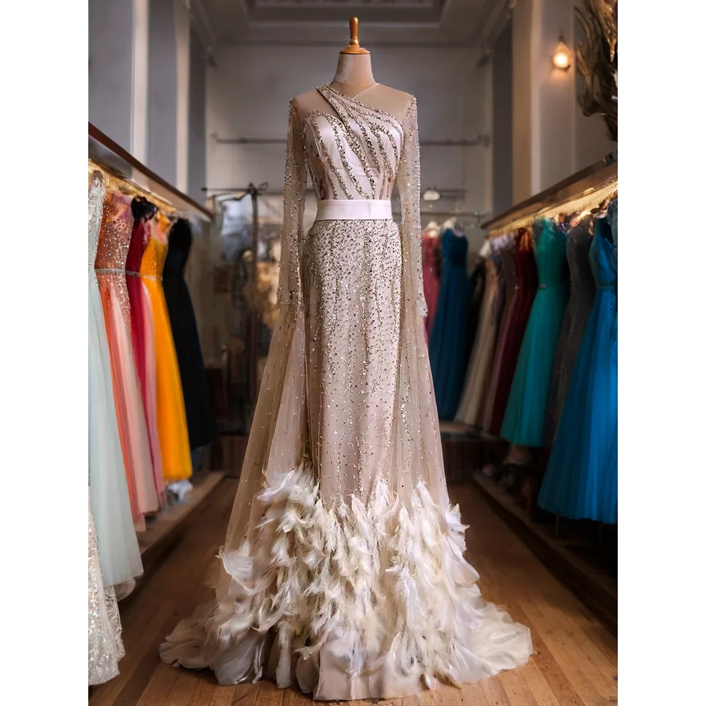 

Elegant Feathers One Shoulder Evening Dresses Sequined Floor Length Speccial Occasion Guest Prom Dress for Elegant Women 2025