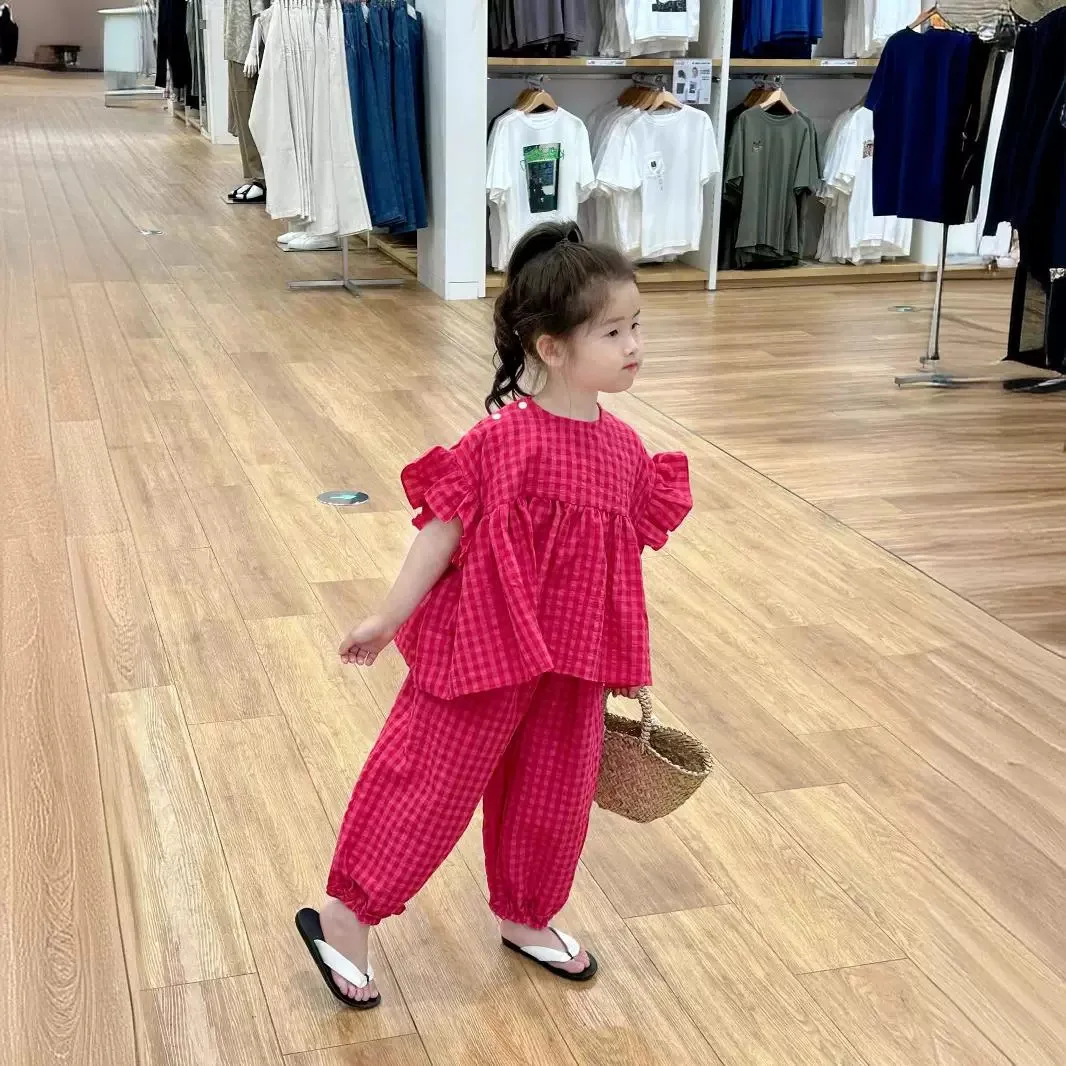 

Girls' Suit Plaid Loose Top Plus Nine-point Pants 2025 Summer Clothes New Foreign Trade Children's Clothing Factory Wholesale