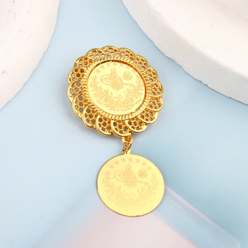 Turkish Coin Brooch for Women, 18K Gold Plated, Dubai Africa, Saudi Arabia, Wedding Jewelry, Party Accessories, Brooches