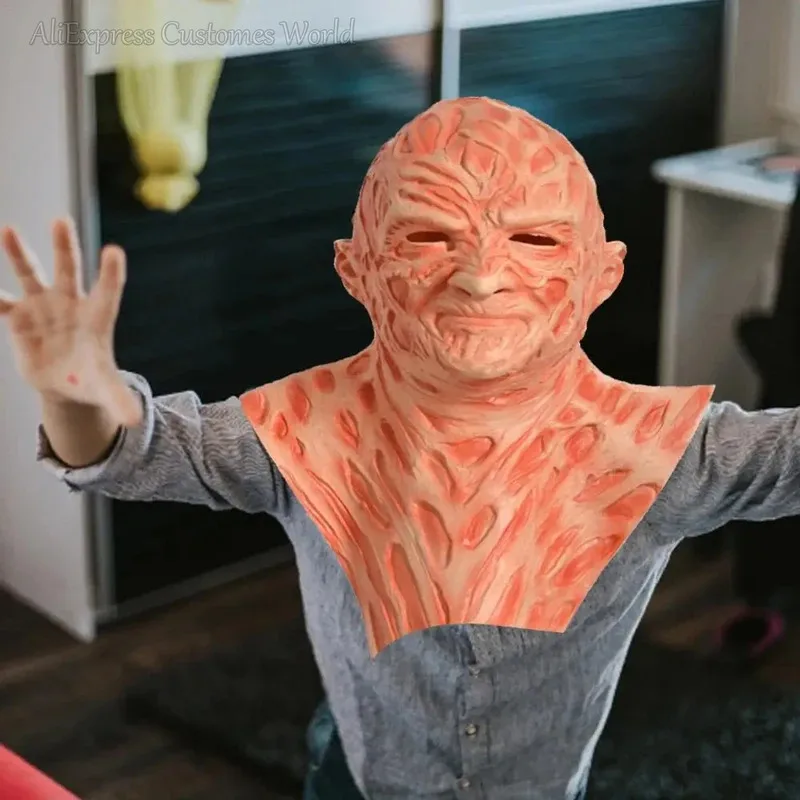 CyJason 마스크 영화 무서운 라텍스 헤드기어 프레디 킬러 코스 크루거 장갑 호러 코스프레 할로윈 파티 의상