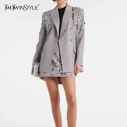 TWOTWINSTYLE Solid Two Piece Set for Women Lapel Long Sleeve Coat High Waist Skirt Patchwork Sequines Sets Female Fashion