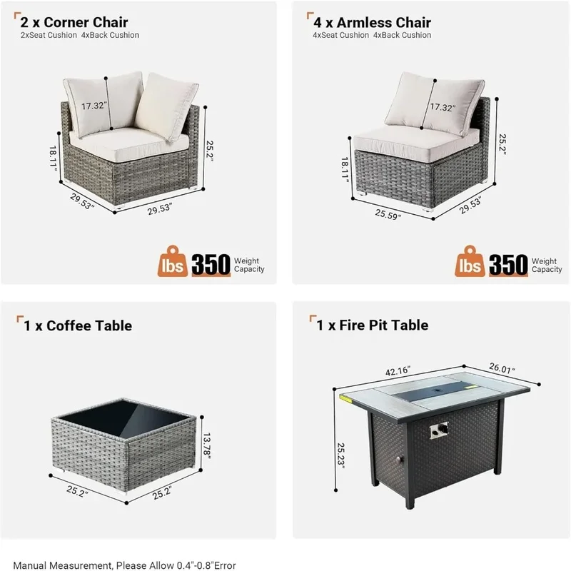 8-Piece Patio Furniture Set with Fire Pit Table, Sectional Wicker Couch and Coffee Table for Garden, Outdoor Conversation Set.
