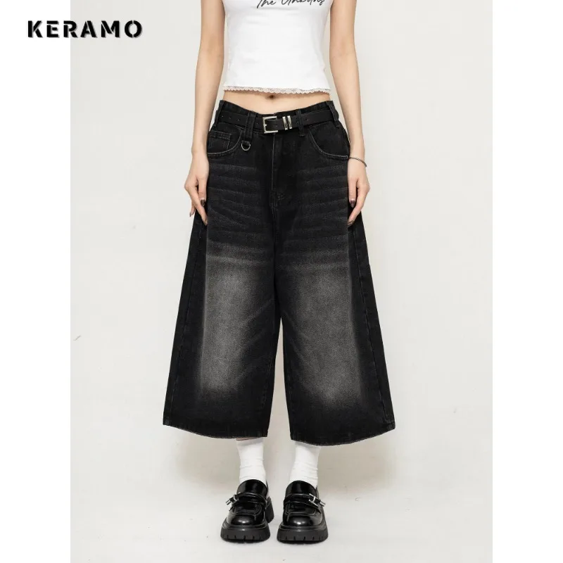 Vintage Streetwear Women Jeans 2024 Summer Loose Male Wide Leg Knee Length Shorts Men\'s Oversize Fashion Denim Trouser Pants Y2K