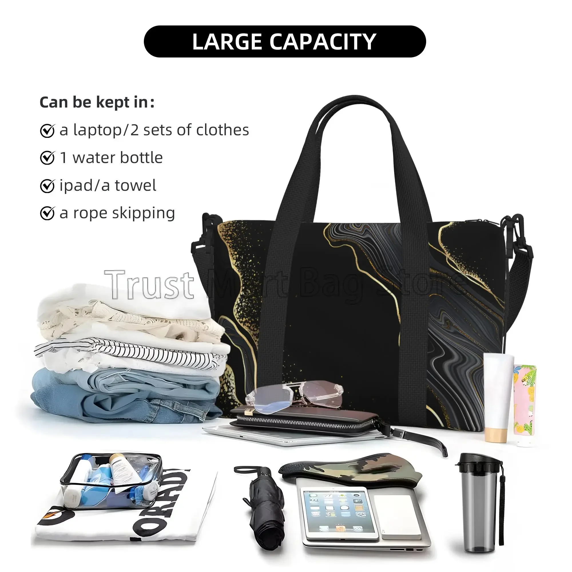 Black Gold Marble Travel Duffel Bags Unisex Large Capacity Luggage Bag Portable Waterproof Tote Bags Weekender Overnight Handbag