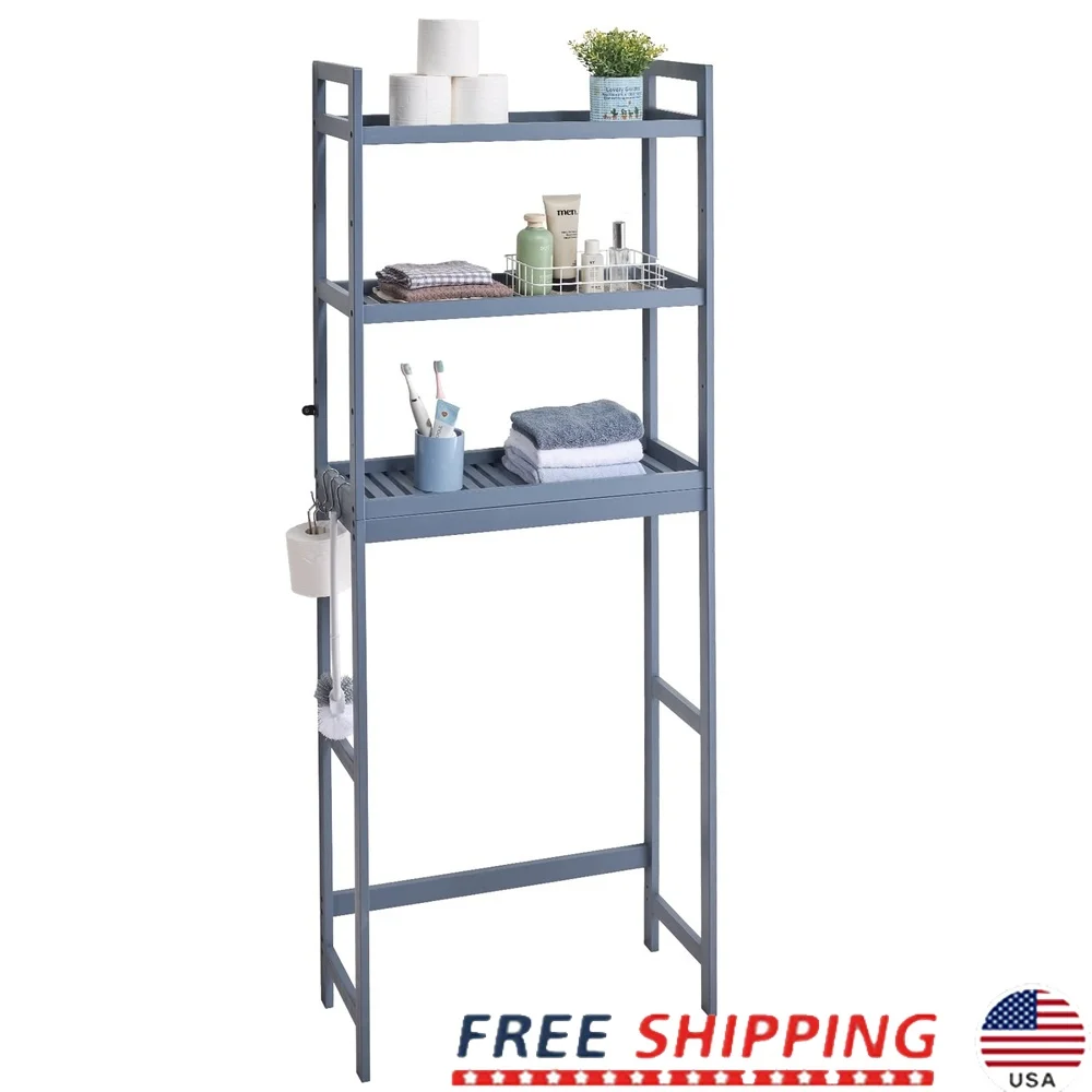

Over The Toilet Storage Shelf 3-Tier Bamboo Organizer Adjustable Height Bathroom Rack with Hooks Easy Assembly Space Saver