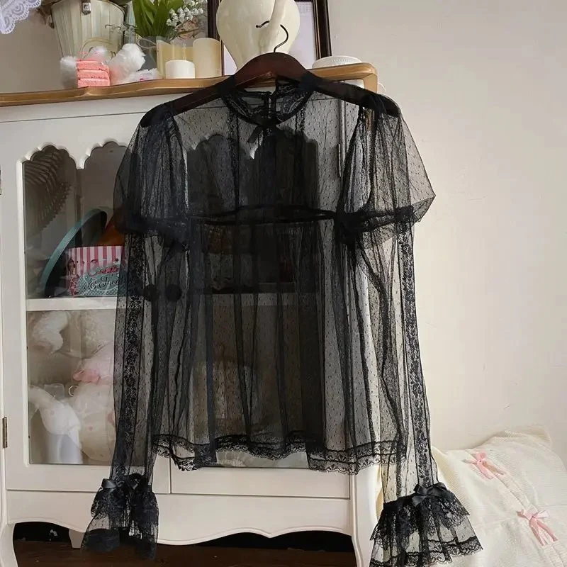 Blusa de gaze de manga comprida roupas femininas sexy coreano camisas 2025 blusas mujer de moda colheita topos ver através de blusas de verão