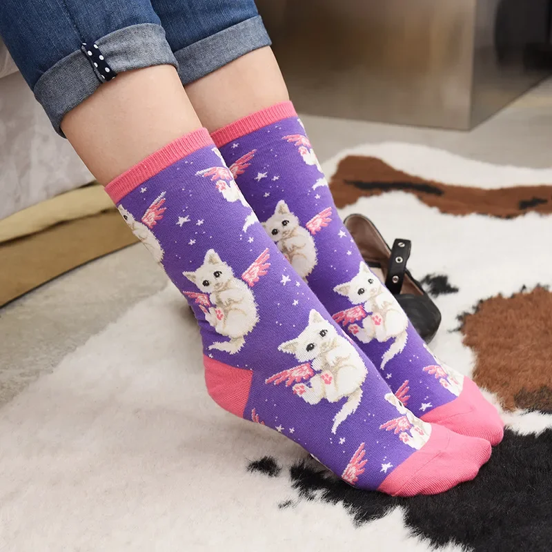 Hot Sale Colorful Women's Cotton Crew Socks Funny Banana Cat Animal Pattern Creative Ladies Novelty Socks for Gifts