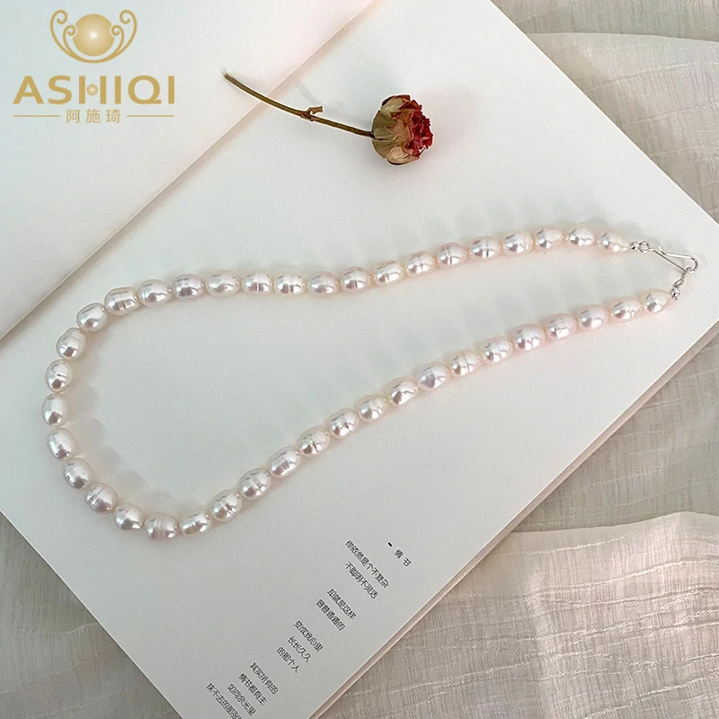 ASHIQI New Natural Freshwater Pearl Necklace 925 Sterling Silver Buckle Fashion Jewelry for Girls