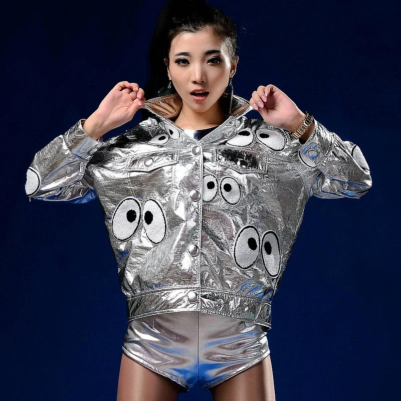 Costumi Hip Hop per adulti Manica lunga Pelle laser Argento Giacche corte Giacca rock Giacca da ballo jazz Rave Outfit XS1742