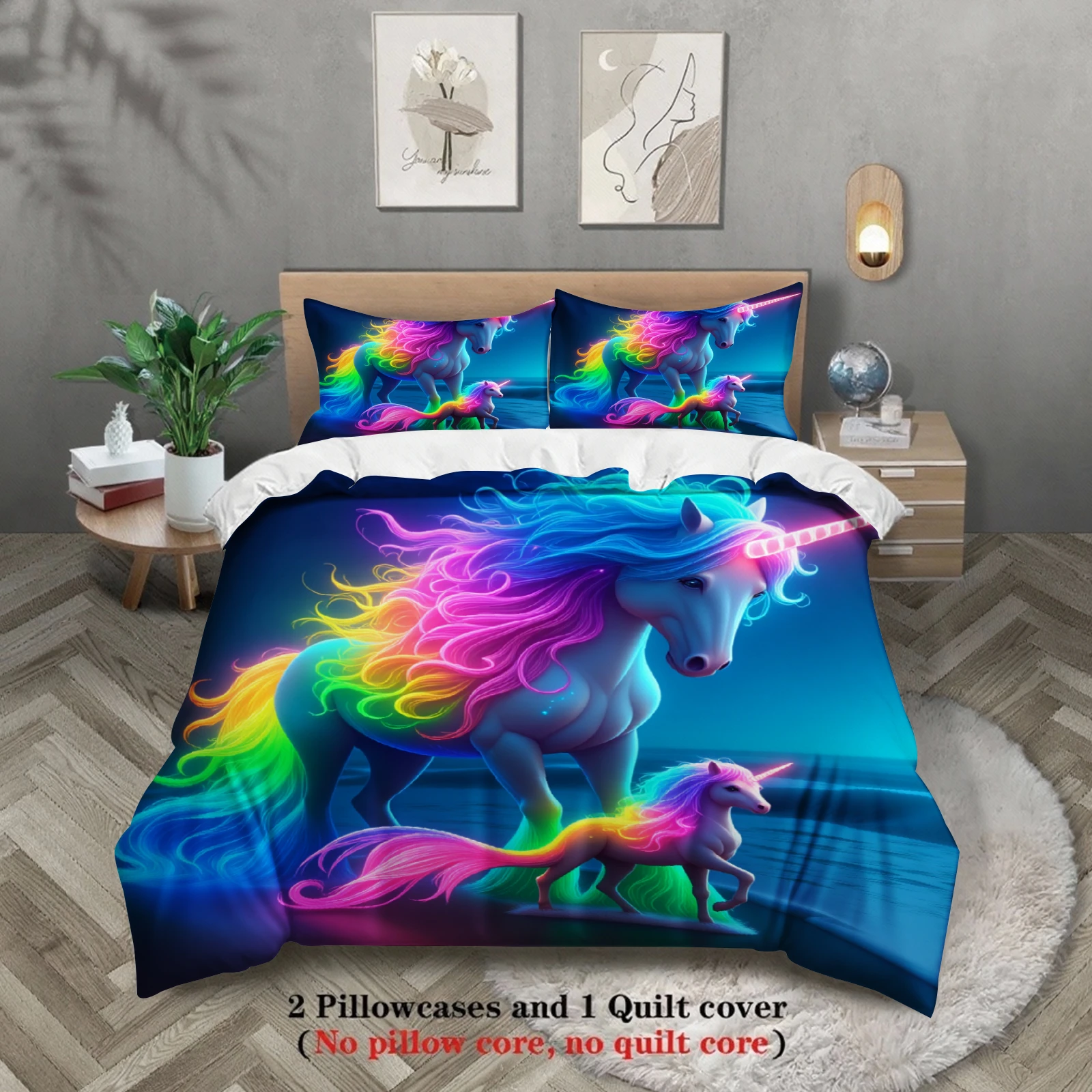 3pcs Unicorn Bedding Sets 3D Printed Rainbow Horse Duvet Cover Sets With Pillowcases No Filling Single Twin Queen King Size