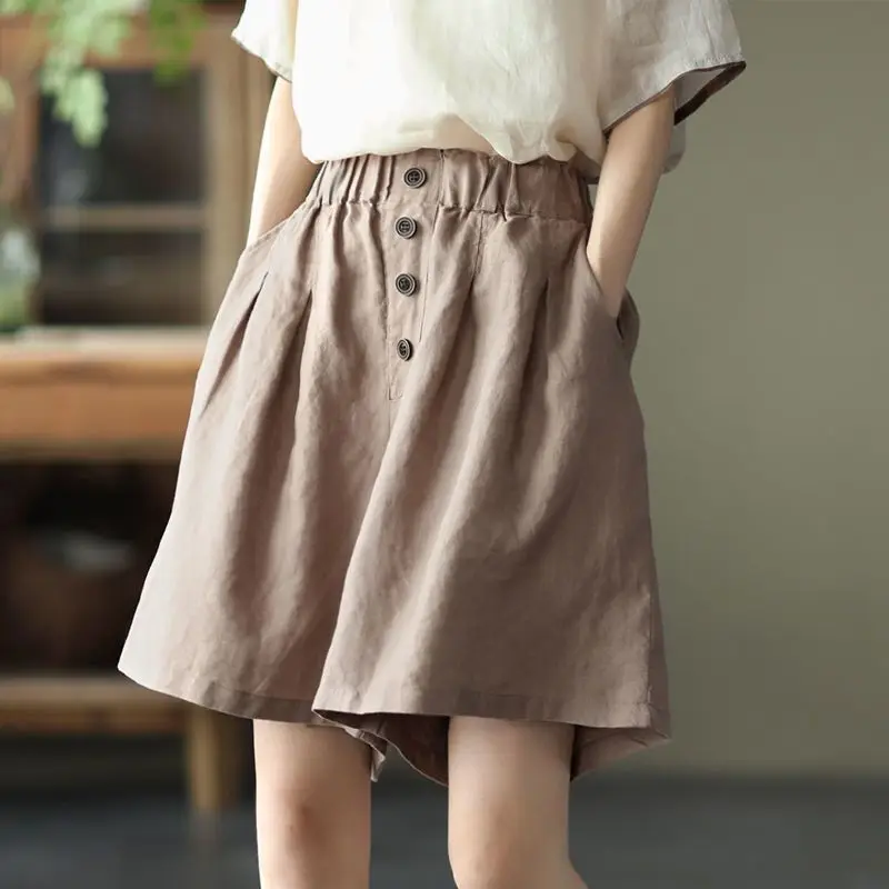 Summer Women's Buttons Cotton Linen Shorts 2026 New Solid Color Wide-leg Casual Shorts Female Lace-up Waist Loose Shorts Pants
