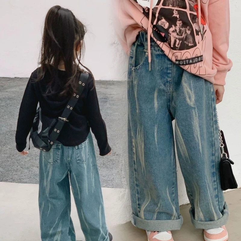 

1-7Y Children Korean Jeans Girls Jeans Foreign Tie Dyed Pants Versatile Kids Trousers Spring Autumn Fashionable Casual Pants