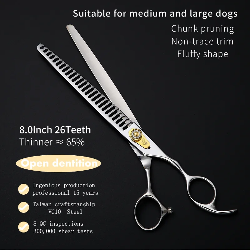 Crane VG10 Steel 8 Inch Pet Dog Grooming Scissors Thinning Shears For Dogs Thinning Rate 65% Chunker Cut Tools Open Dentition