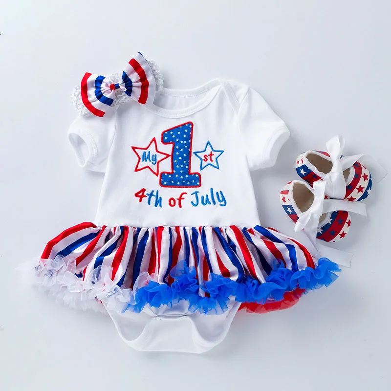 Independence Day Baby Summer Clothing Infant Girl's Bodysuit Headband And Shoes 3Pcs Toddler Tutu Skirt One Piece 0-2Y