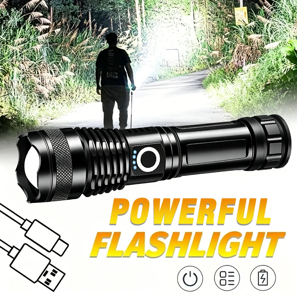Hochleistungs-LED-Taschenlampe USB-Aufladbar 5 Modi Aluminiumlegierung Teleskop-Zoom-Fackel Taktische Lampe für Outdoor Camping Angeln