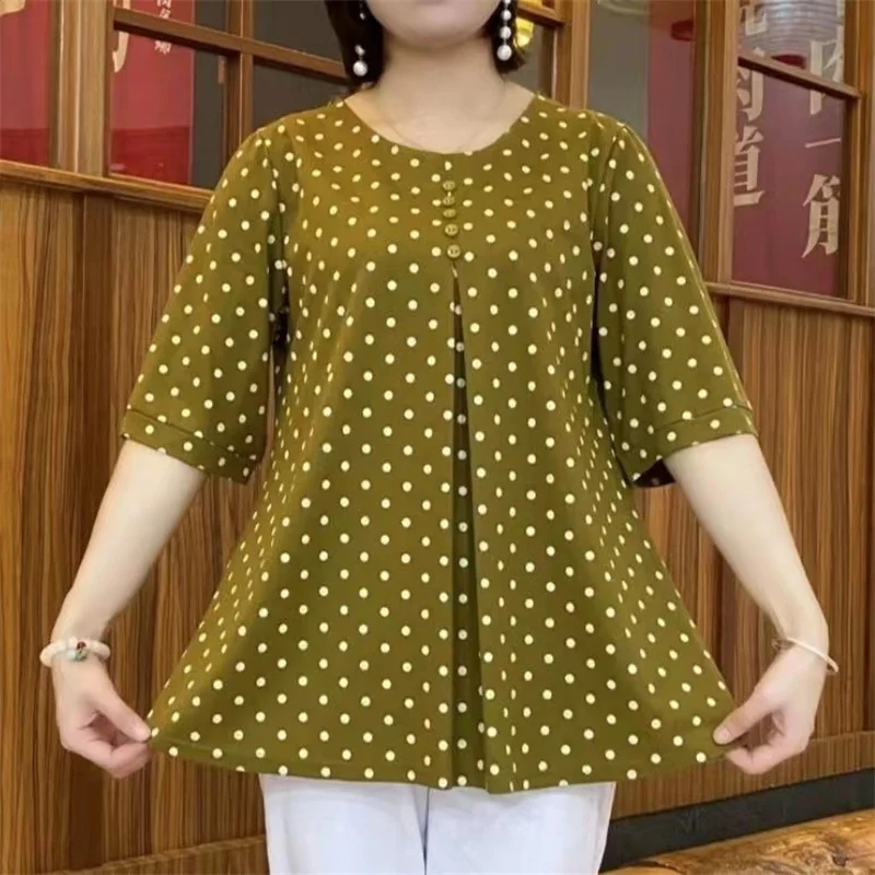 7XL Women Loose Spring Autumn Shirts Lady Fashion Casual Polka dot printing Half sleeve O-Neck Collar Button Blusas Tops