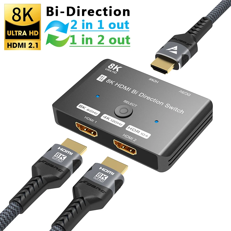 Przełącznik 8K HDMI 1 wejście 2 wyjścia 2 wejścia 1 wyjście Dwukierunkowy przełącznik 8K@60Hz 4K@120Hz HDMI 2.1 Przełącznik 2X1 1X2 dwukierunkowy