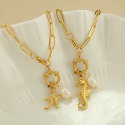 2PCS Women Neck Chain Stainless Steel Golden Choker Snap Hook Pendant Necklace Pearl Shell Sea Star Conch Pendant Chunky Jewelry