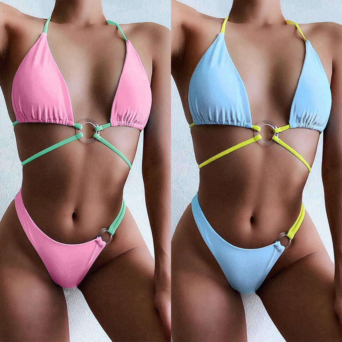 Ladies Solid Triangle Bikini Contrast Band O Ring Decor Split Swimsuit Trendy Beach Swimwear For Tropical Vacation Swimming
