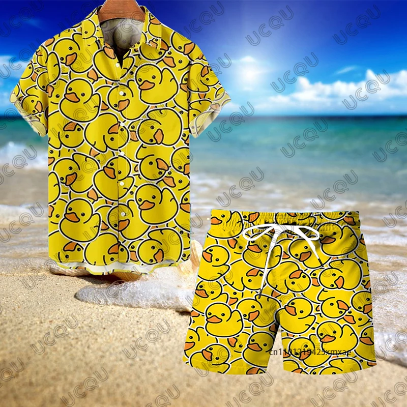 

Summer Men's Sets Yellow Duck Print Lapel Short Sleeve Casual Shirt Beach Shorts Vacation Hawaiian Suits Oversize Male Cothes