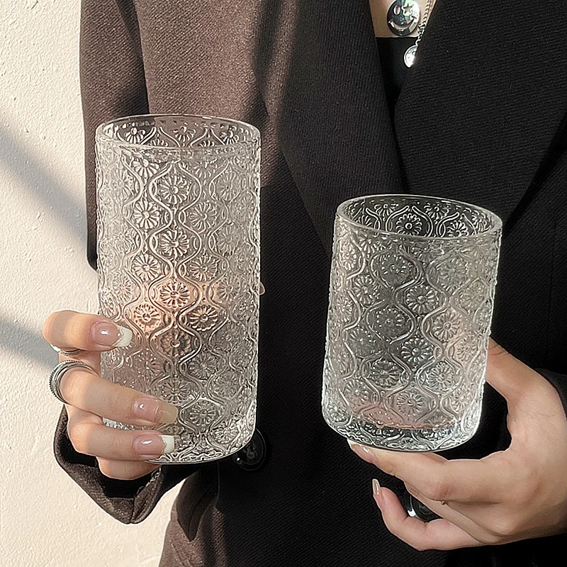 250/360ml Begonia Pattern Texture Creative Cocktail Transparent Glasses Drinking Drinkware Wine Goblet Juice Ice Coffee Cold Cup