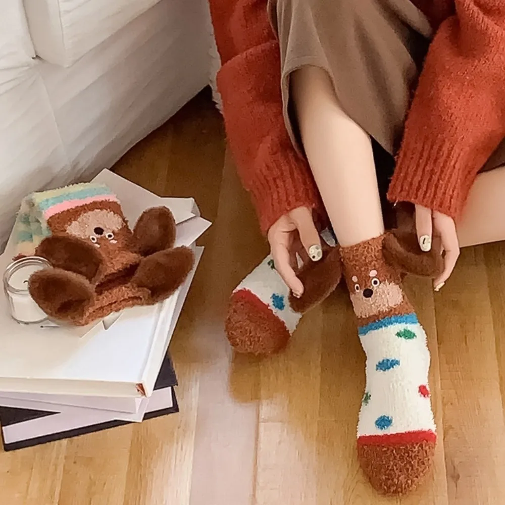 

Модные полосатые носки из кораллового флиса с ушками щенка, плюшевые теплые носки для сна, мягкие утепленные бархатные носки в горошек для девочек