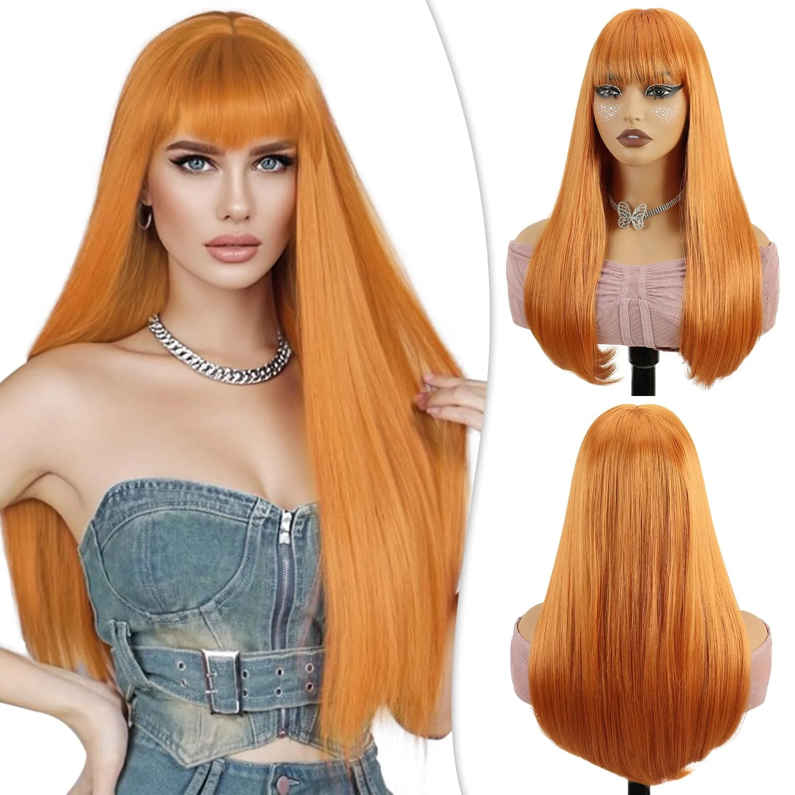 Orange synthetic wig for straight hair, Halloween wig, cosplay wig, role-playing party, high-temperature hairpiece set