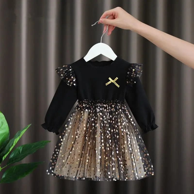 2024 Autumn Kid\'s Clothes Girls Long Sleeve A-line Dresses 1-6 Years Star Sequin Mesh Patchwork Princess Dress