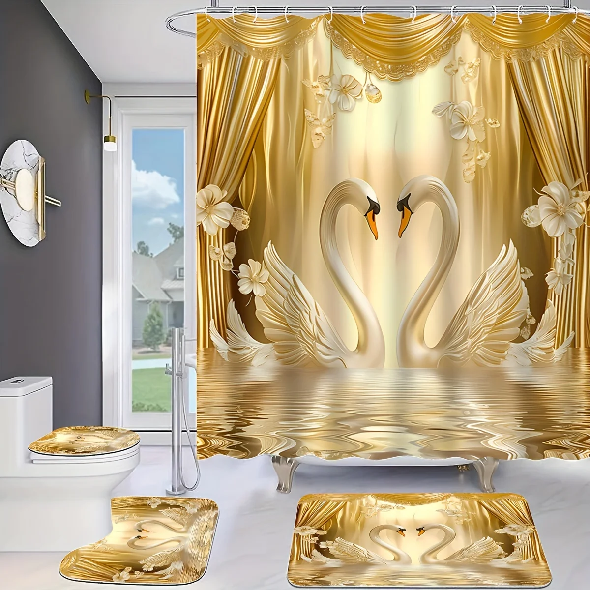 

Романтический комплект для ванной комнаты Golden Swans: включает 12 бесплатных крючков, водонепроницаемая штора, нескользящий коврик, чехол на сиденье унитаза и коврик для ванной -