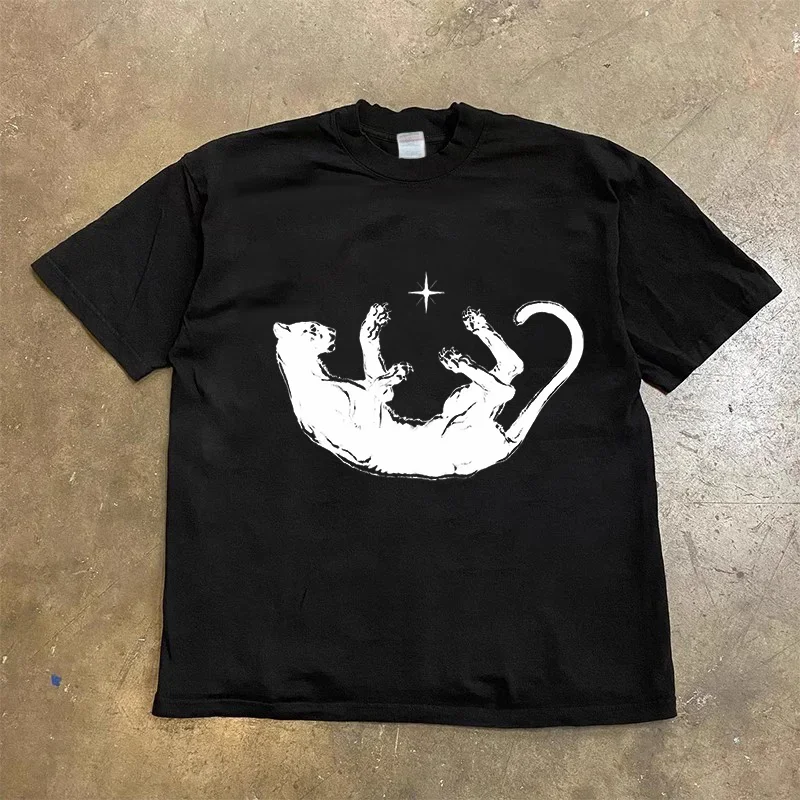 

Summer American Street Y2K T-shirt Fashionable Loose and Versatile Retro Cat Creative Printed Short Sleeved T-shirt for Women