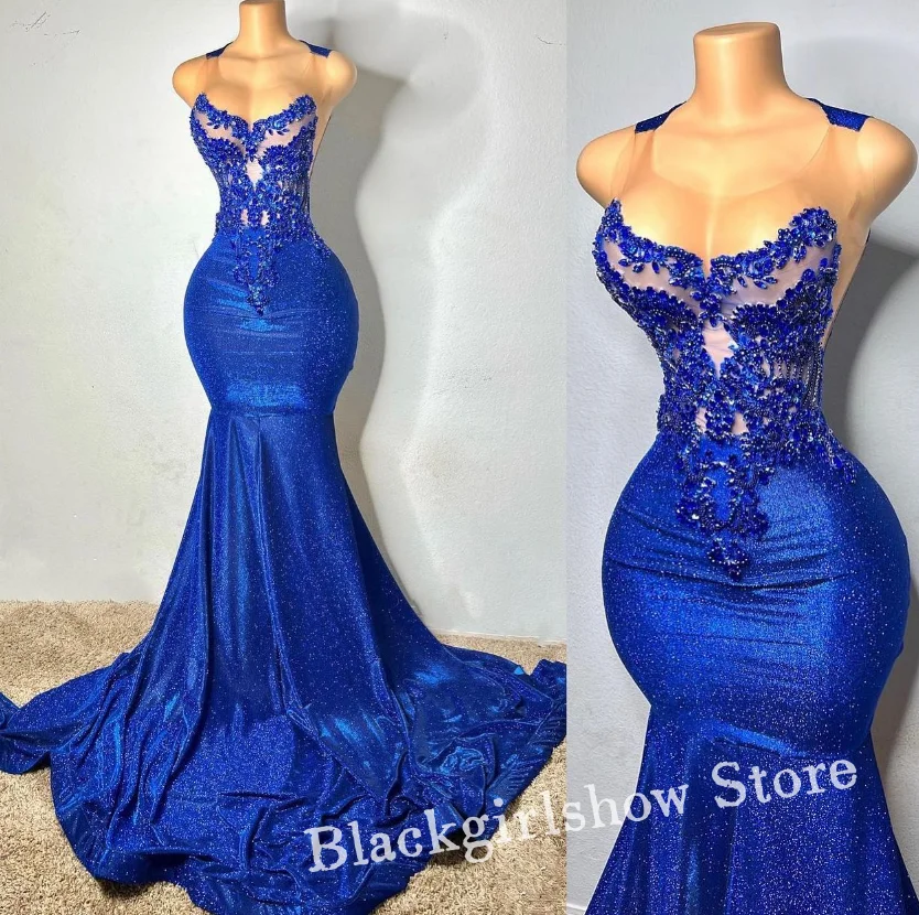 Luxurious Royal Blue Party Prom Dress 2024 For Women Sparkling Diamond Beads Birthday Party Celebrity Dress فساتين طويلة