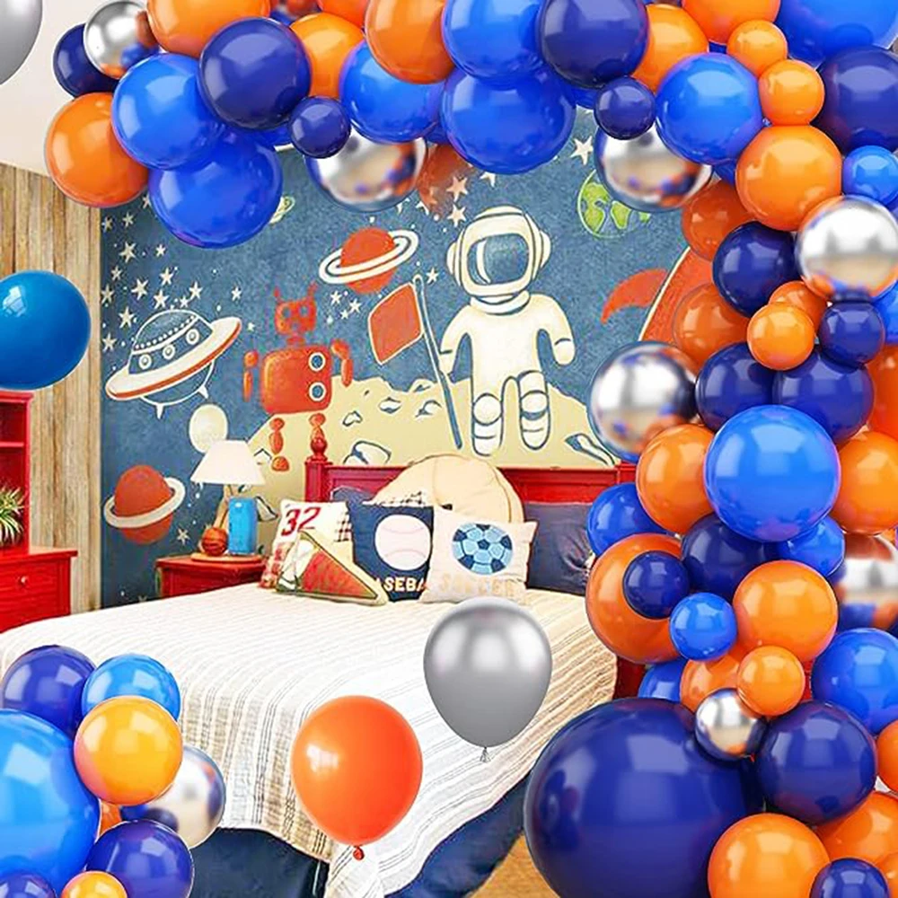 Blue Balloons Garland Arch Royal Blue Orange Silver Latex Balloon Kit Kids Space Party Birthday Baby Shower Decoration Supplies