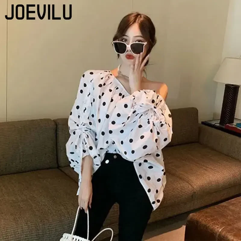 JOEVILU Polka Dot Shirt Off Shoulder Bubble Sleeve Tops Women\'s White Loose Simple Top French Casual Blouse In Spring and Summer