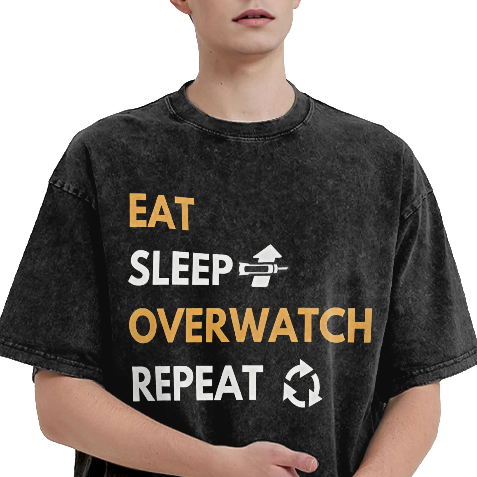 Overwatch 2 أكل النوم Overwatch تكرار تي شيرتات قطن الترفيه التي شيرت للزوجين الصيف Y2K الأساسية نمط القمم