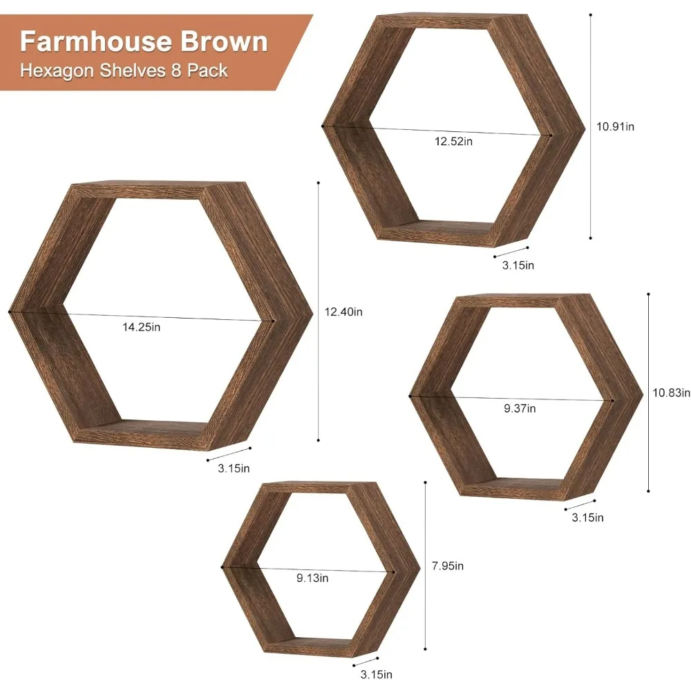 مجموعة من 8 أرفف عائمة سداسية، ديكور حائط خشبي لتخزين غرفة المعيشة وغرفة النوم #3