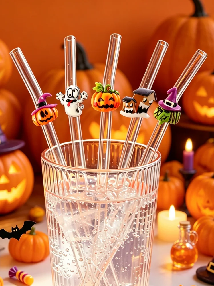 3/5PCS Glass Straw with Halloween Pumpkin Ghost Decor, Spooky Table Ornament for Hot Cold Drinks & Party Decor view 2