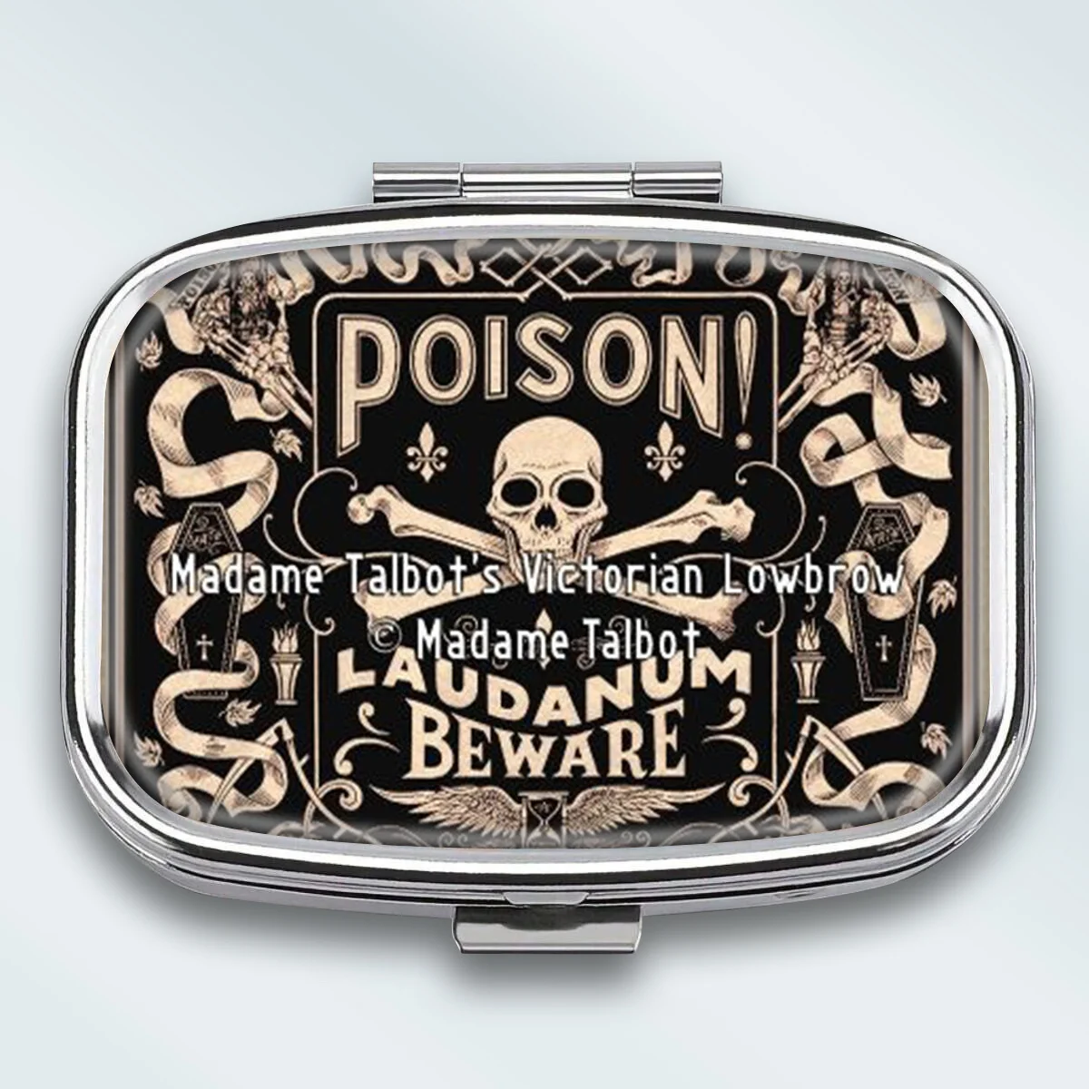1Pc Mysterious and Dangerous Retro-Style Metal Pill Box - Square 2-Compartment Portable Medicine Organizer, Food-Grade Vitamin Storage Box, Perfect for Travel or as a Decorative Gift, Lightweight Design, Designed for Daily Medication Use