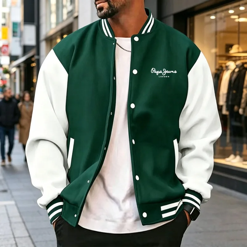Men's color blocked sports baseball jacket, trendy letter printed loose fit baseball jacket, casual street sports jacket, spring