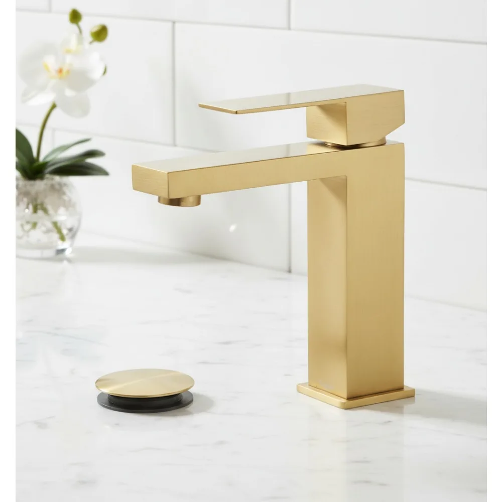 

Brushed Gold Single Hole Bathroom Faucet with Pop Up Drain - Modern Water Saving Design for Home & Hotel