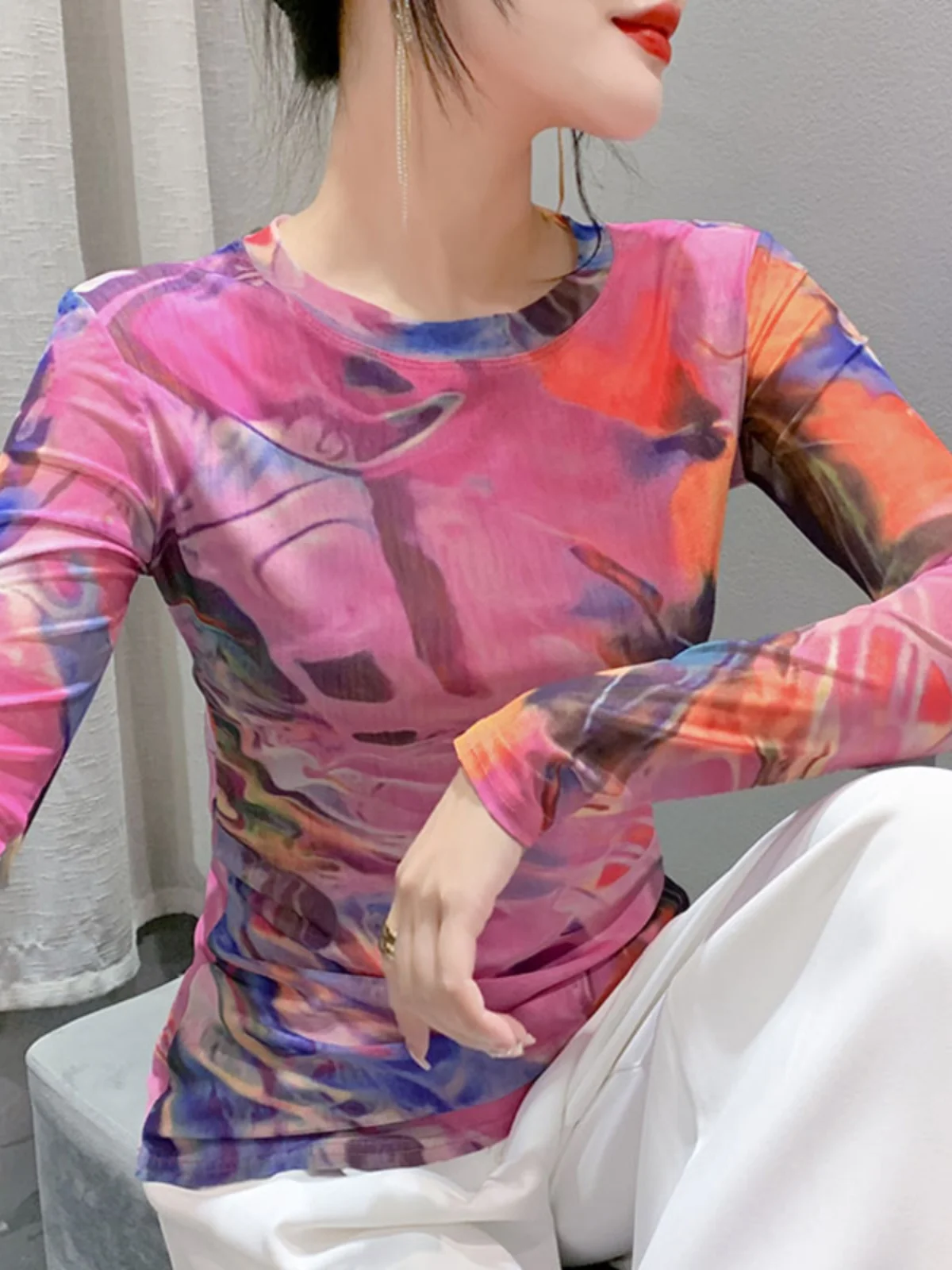 S-3XL Stretchy Mesh Tee TShirt Women O-Neck Full Sleeve Printing T-shirts Female Elegant High Stretch Slim Top