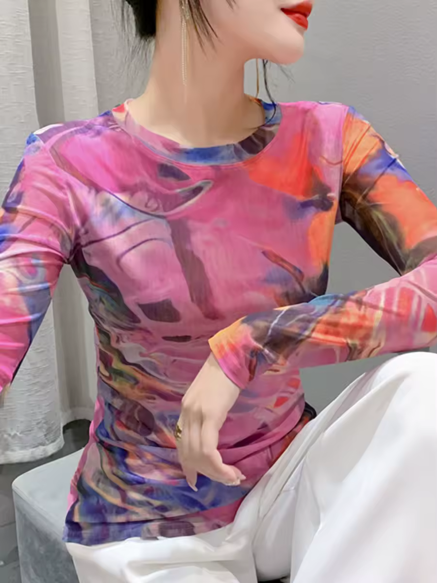 S-3XL Stretchy Mesh Tee TShirt Women O-Neck Full Sleeve Printing T-shirts Female Elegant High Stretch Slim Top Products on AliExpress